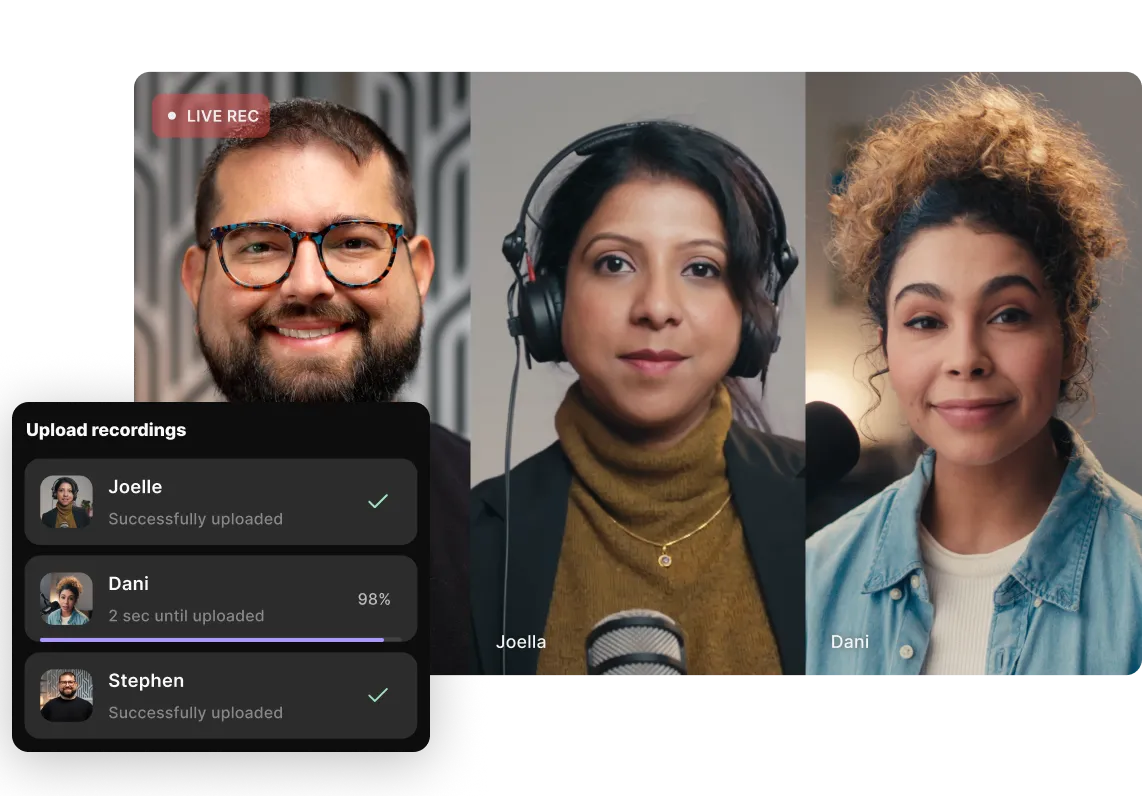 Video conference with three people: a smiling man with glasses, a woman with headphones and a microphone, and a woman with curly hair in a denim jacket, alongside an upload status panel showing recordings from Joelle and Stephen successfully uploaded, Dani at 98%.